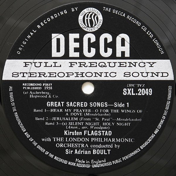 KIRSTEN FLAGSTAD, LONDON PHILHARMONIC ORCHESTRA, SIR ADRIAN BOULT, Great Sacred Songs (Decca; SXL 2049, UK 1958, Front Laminated Scalloped Flipback Sleeve), SALE - Up to 50% Off the Original LP VG/VG+ - Image 2