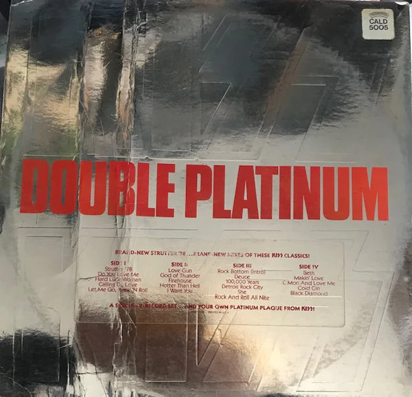 KISS, Double Platinum (Casablanca; CALD 5005, UK 1978, Embossed Silver Gatefold With Transparent Track listing Sticker on Rear, No Replica Platinum Award) 2xLP VG/G+ - Image 2