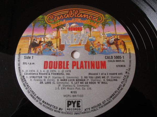 KISS, Double Platinum (Casablanca; CALD 5005, UK 1978, Embossed Silver Gatefold With Transparent Track listing Sticker on Rear, No Replica Platinum Award) 2xLP VG/G+ - Image 3
