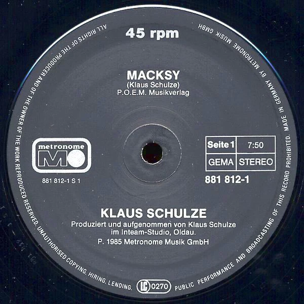 KLAUS SCHULZE, Macksy (Brain; 881 812-1, Germany 1985, Picture Sleeve) 12" VG/VG+ - Image 3