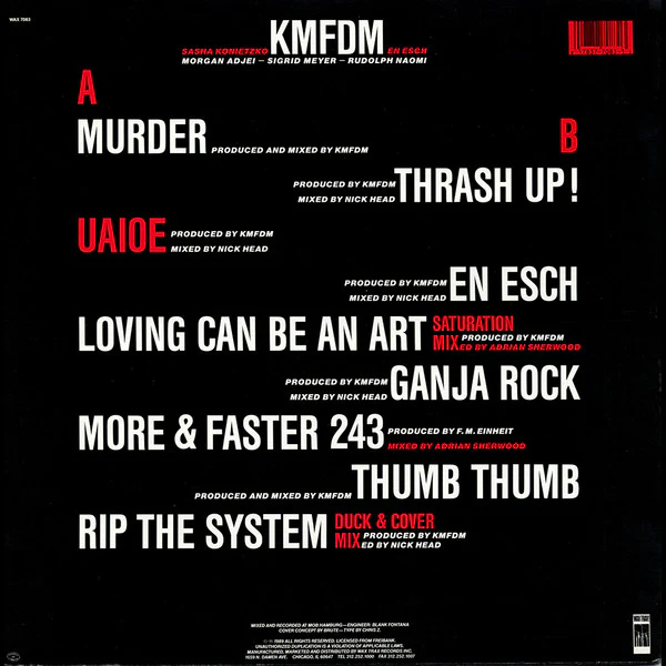 KMFDM, UAIOE (Wax Trax! Records; WAX 7083, US 1989, Insert) LP VG+/VG+ - Image 2