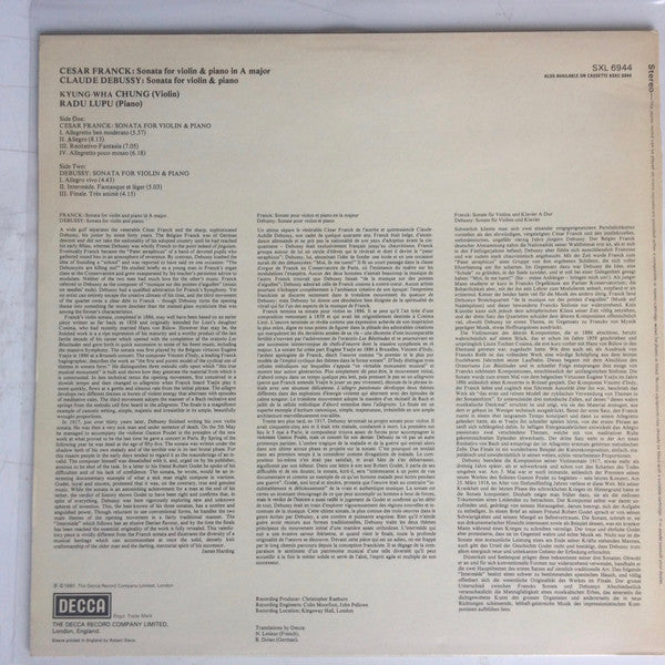 KYUNG-WHA CHUNG, RADU LUPU,, Franck: Sonata For Violin & Piano In A Major / Debussy: Sonata For Violin & Piano (Decca Black Boxed Narrowband; SXL 6944, UK 1980) LP VG/VG - Image 2