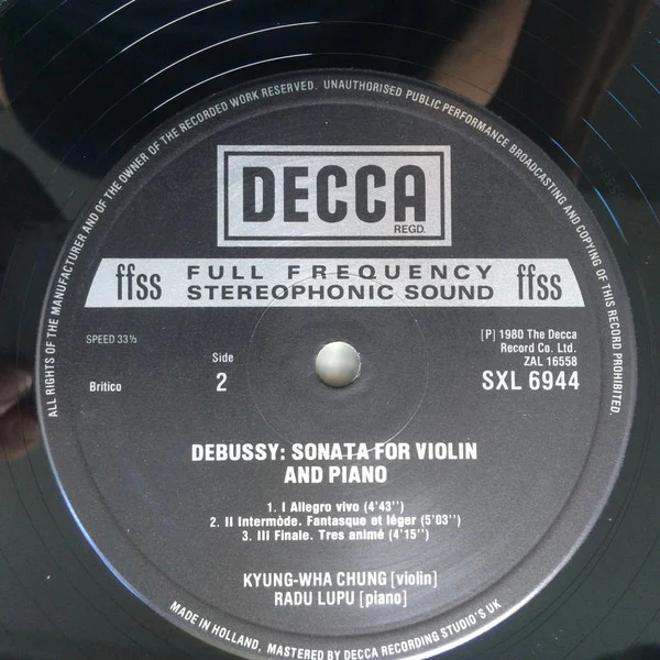 KYUNG-WHA CHUNG, RADU LUPU,, Franck: Sonata For Violin & Piano In A Major / Debussy: Sonata For Violin & Piano (Decca Black Boxed Narrowband; SXL 6944, UK 1980) LP VG/VG - Image 3