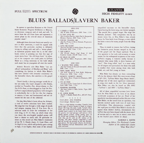 LAVERN BAKER, Blues Ballads (Atlantic; SD 8030, Canada ) LP VG/VG - Image 2