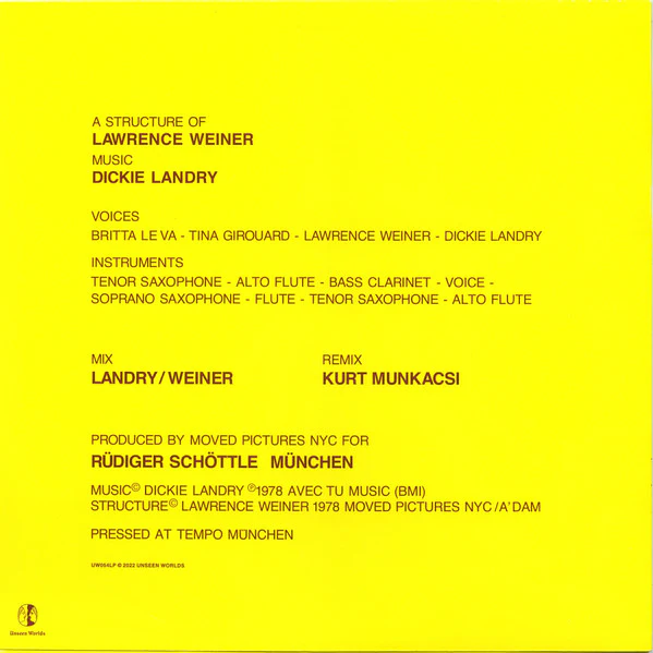 LAWRENCE WEINER & DICKIE LANDRY, Having Been Built On Sand (Unseen Worlds ; UW054, US 2022 Reissue, Insert) LP EX/VG+ - Image 2
