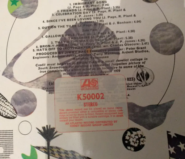 LED ZEPPELIN, Led Zeppelin III (Atlantic Plum & Orange Labels; K 50002, UK 1970s Reissue, Laminated Spinner Gatefold Sleeve With Atlantic K50002 Sticker Inside, Crossover Matrices: Do what t LP VG/VG - Image 2