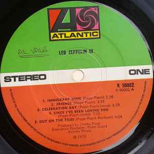 LED ZEPPELIN, Led Zeppelin III (Atlantic Orange & Green; K 50002, UK 1972 Reissue, Laminated Gatefold rotating-wheel sleeve, A-5 / B//6. Transitional pressing; 1st press cat cover, 2nd press LP VG/VG - Image 3