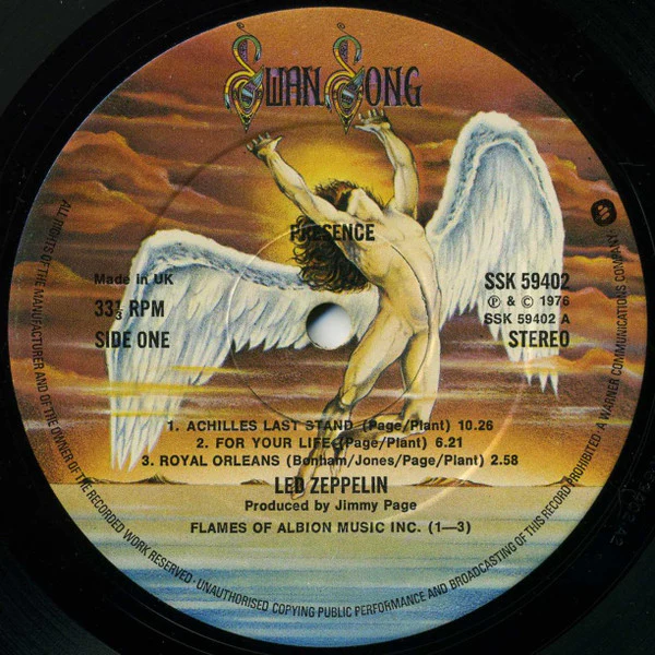 LED ZEPPELIN, Presence (Swan Song; SSK 59402, UK 1976, Non-Embossed Gatefold, Inner, Made In UK And Track Times On Label.) LP VG/VG - Image 3