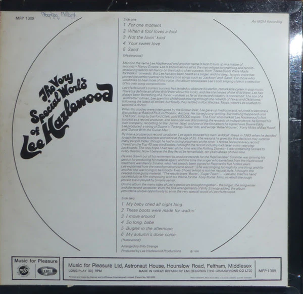 LEE HAZLEWOOD, The Very Special World Of Lee Hazlewood (Music For Pleasure; MFP 1309, UK 1969 Reissue, Laminated Flipback Sleeve, "SOLD IN THE U.K..." On Label) LP VG/VG+ - Image 2