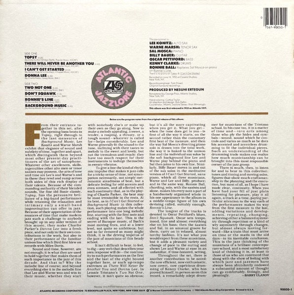 LEE KONITZ WITH WARNE MARSH, Lee Konitz With Warne Marsh (Atlantic; 90050-1, US 1982 Reissue) LP VG/VG - Image 2
