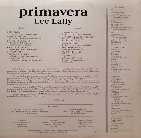 LEE LALLY, Primavera (Kanwic Records; HFS 266, US 1978, Pasteback Sleeve), SALE - Up to 50% Off the Original Price LP VG/VG - Image 2
