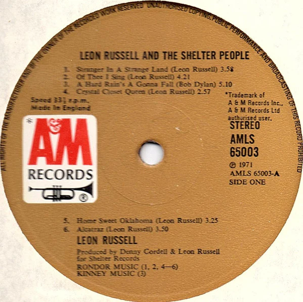 LEON RUSSELL, Leon Russell And The Shelter People (A&M Records; AMLS 65003, UK 1971, Insert, Additional A&M Trademark Credit On Labels) LP VG/VG - Image 3