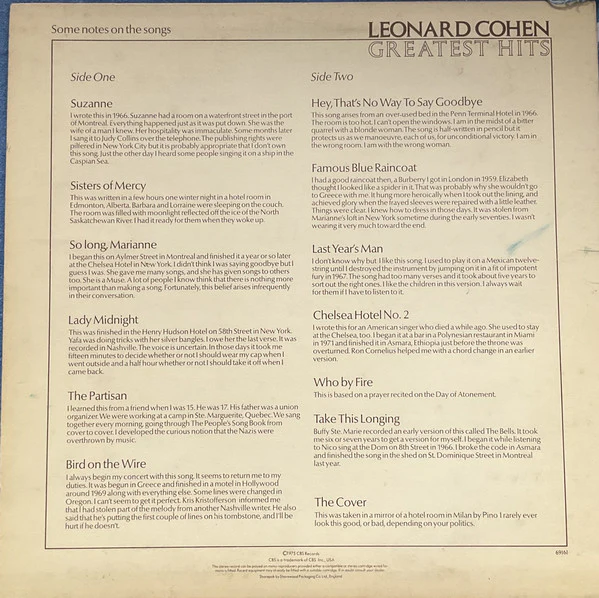 LEONARD COHEN, Greatest Hits (CBS Orange/Yellow; 69161, UK 1975, Inner & Insert, LC 0149 Code on Label) LP VG+/VG+ - Image 2