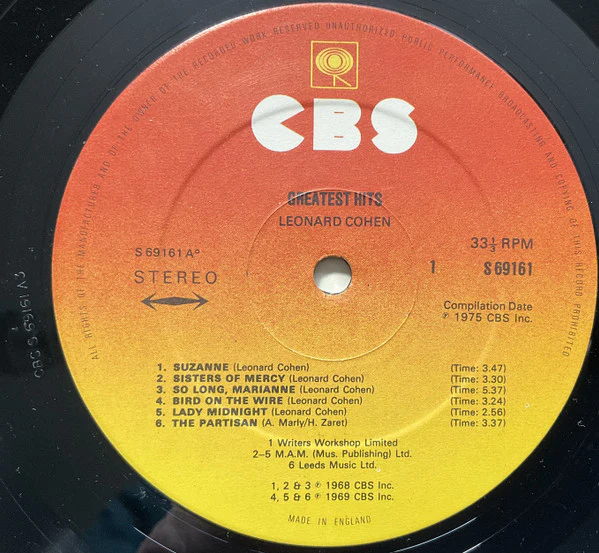 LEONARD COHEN, Greatest Hits (CBS Orange/Yellow; 69161, UK 1975, Inner & Insert, LC 0149 Code on Label) LP VG+/VG+ - Image 3