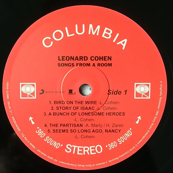LEONARD COHEN, Songs From A Room (Columbia ; 88875195561, Europe 2016 Reissue, 180 Gram Vinyl) LP NEW/NEW