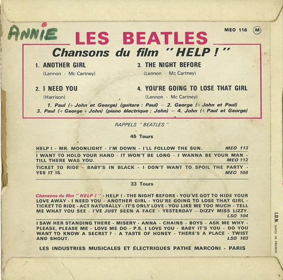 LES BEATLES, Chansons Du Film "Help" (Odeon Red; MEO 116, France 1971 Reissue, Laminated Flipback Sleeve) 7" EP VG/VG - Image 2