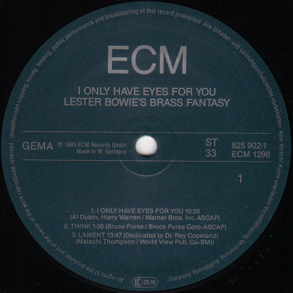 LESTER BOWIE'S BRASS FANTASY, I Only Have Eyes For You (ECM; ECM 1296, Germany 1985, Picture Sleeve) LP VG/VG+ - Image 3