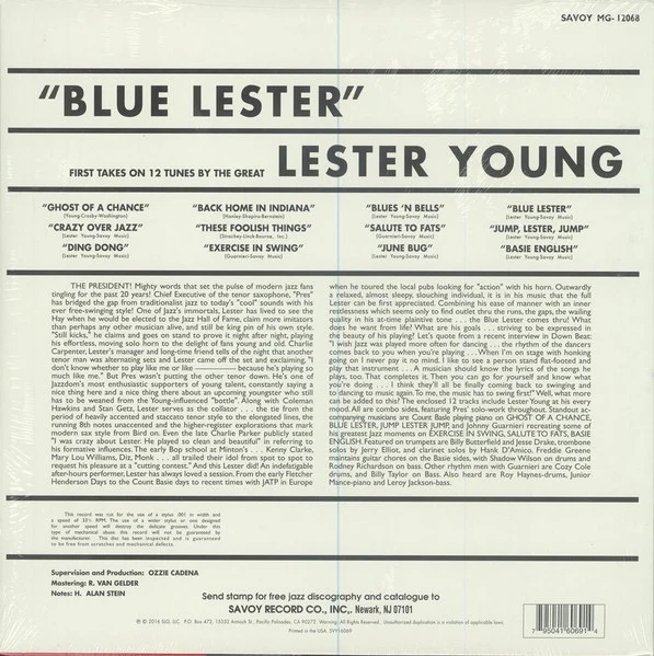LESTER YOUNG, Blue Lester (Savoy Records; MG-12068, US 2016 Reissue) LP VG+/VG+ - Image 2