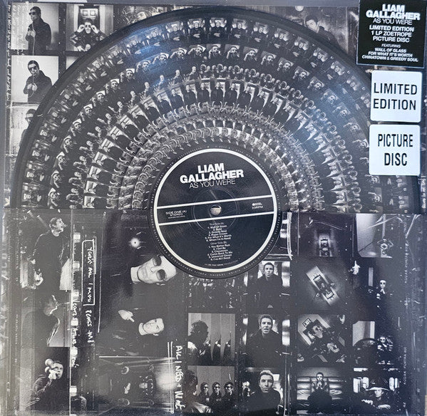LIAM GALLAGHER, As You Were (Warner Records; 5021732856944, Europe 2025 Reissue, Stickered Clear Plastic Sleeve With Die Cut Card Inner, Zoetrope Picture Disc) LP EX/EX