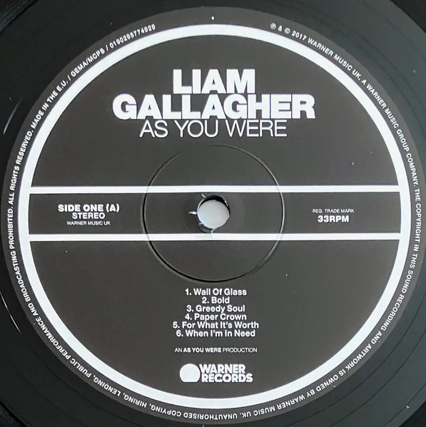 LIAM GALLAGHER, As You Were (Warner Records; 0190295774929, Europe 2022 Reissue), SALE - Up to 50% Off the Original Price  LP VG+/VG+ - Image 3