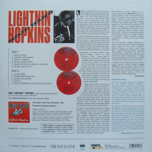 LIGHTNIN' HOPKINS, Mojo Hand (Vinyl Lovers; 6785497, Europe 2018 Reissue, 180 Gram Vinyl) LP NEW/NEW - Image 2