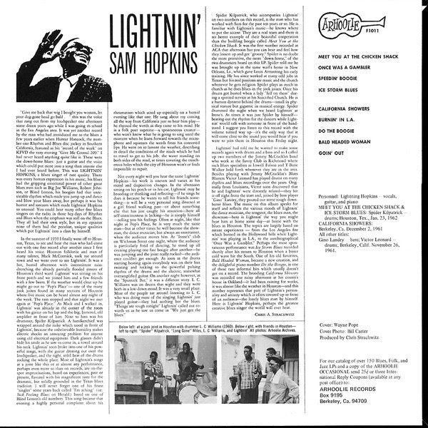 LIGHTNIN' SAM HOPKINS, Lightnin' Sam Hopkins (Arhoolie Records; F 1011, US Reissue, Pasteback Sleeve) LP VG+/VG - Image 2