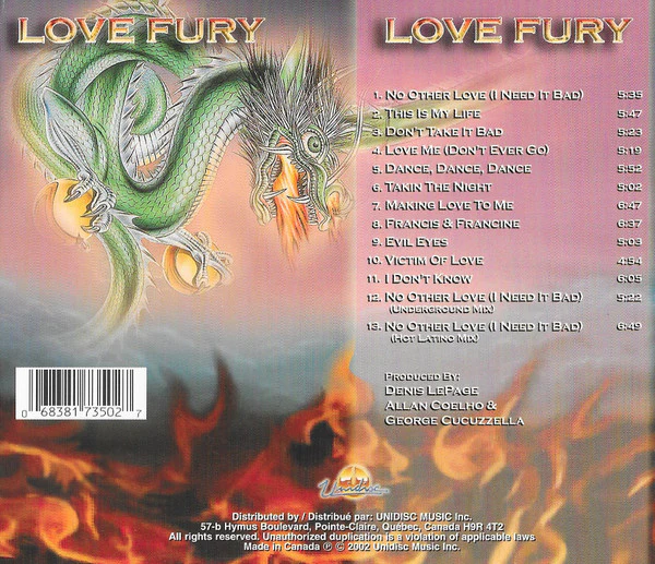 LIME, Love Fury (Unidisc; SPLK-7350, Canada 2002, Card Sleeve, Booklet) CD EX/EX - Image 2