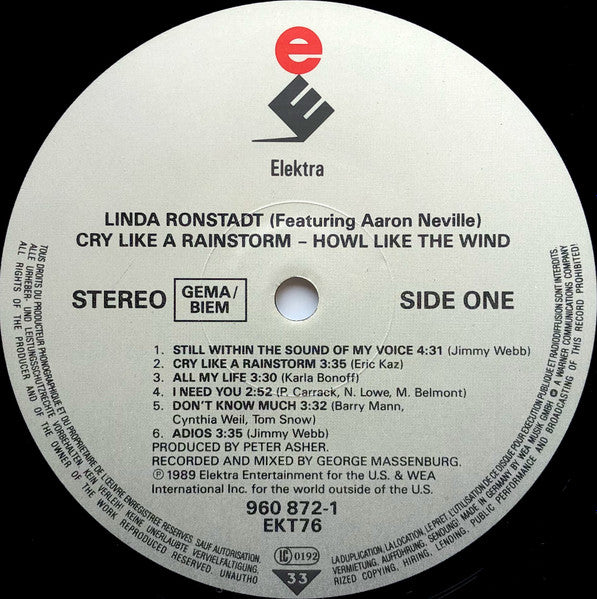 LINDA RONSTADT FEATURING AARON NEVILLE, Cry Like A Rainstorm - Howl Like The Wind (Elektra; 960 872-1, UK 1989, Inner, No "GB Only" Text On Labels), SALE - Up to 50% Off the Original Price  LP VG+/VG+ - Image 3
