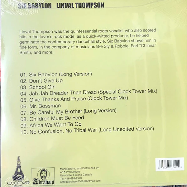LINVAL THOMPSON, Six Babylon (Clocktower Records; CTLP0111, Canada 2000s Reissue, Blue Marbled Vinyl) LP EX/EX - Image 2