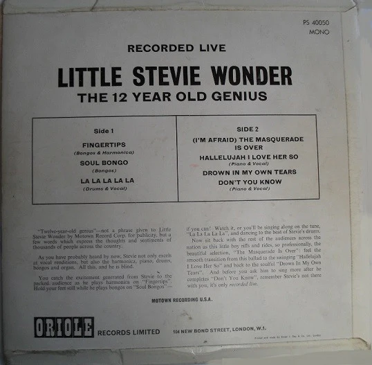 LITTLE STEVIE WONDER, Recorded Live The 12 Year Old Genius (Oriole; PS40050, UK 1963, Laminated Flipback Sleeve) LP VG/G+ - Image 2