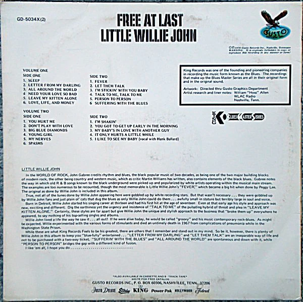 LITTLE WILLIE JOHN, Free At Last (Gusto; GD5034X, US 1979) 2xLP VG/VG+ - Image 2