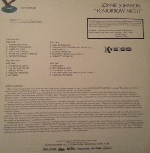 LONNIE JOHNSON, Tomorrow Night (Gusto Records; GD 5039X(2), US 1978) 2xLP VG/VG - Image 2