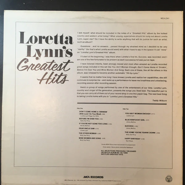 LORETTA LYNN, Greatest Hits (MCA Records; MCA 2341, US 1980 Reissue) LP VG/VG - Image 2
