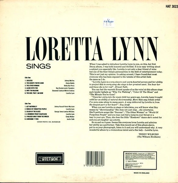 LORETTA LYNN, Loretta Lynn Sings (Stetson; HAT 3023, UK 1980s Reissue) LP VG/VG+ - Image 2