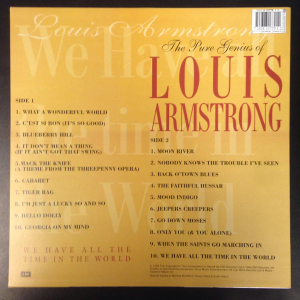 LOUIS ARMSTRONG, The Pure Genius Of Louis Armstrong: We Have All The Time In The World (EMI Records Ltd.; 7243 8 31779 1 2, UK 1994) LP VG+/VG+ - Image 2