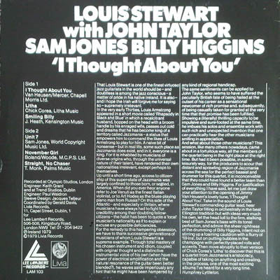 LOUIS STEWART WITH JOHN TAYLOR (2), SAM JONES, BILLY HIGGINS, I Thought About You (Lee Lambert; LAM 103, UK 1979) LP VG/VG - Image 2