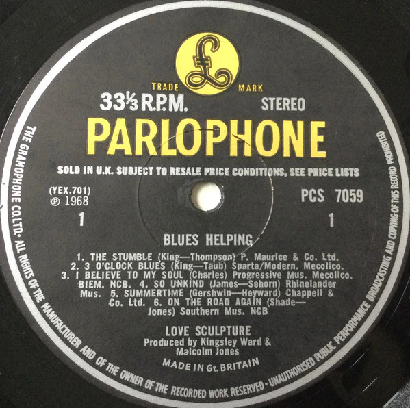 LOVE SCULPTURE, Blues Helping (Parlophone Black/Yellow; PCS7059, UK 1968, Laminated Flipback Sleeve, Stereo) LP VG+/VG - Image 3