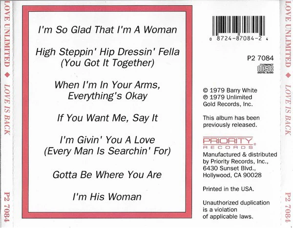LOVE UNLIMITED, Love Is Back (Priority Records; P2 7084, US 1992 Reissue, Jewel Case) CD VG+/VG+ - Image 2