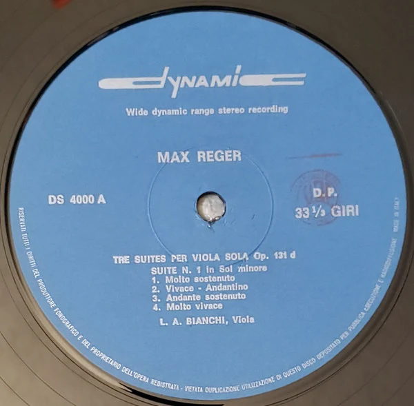 LUIGI A. BIANCHI, Reger: Tre Suites Per Viola Sola, Op. 131d (Dynamic S.R.L.; DS 4000, Italy , Laminated Gatefold Sleeve), SALE - Up to 50% Off the Original Price LP EX/EX - Image 3
