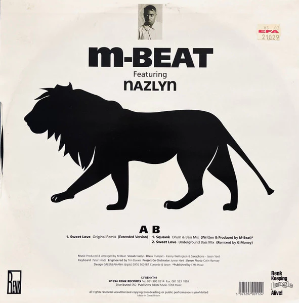 M-BEAT FEATURING NAZLYN, Sweet Love (Renk Records; 12"RENKT49, UK 1994, Picture Sleeve) 12" VG/VG - Image 2
