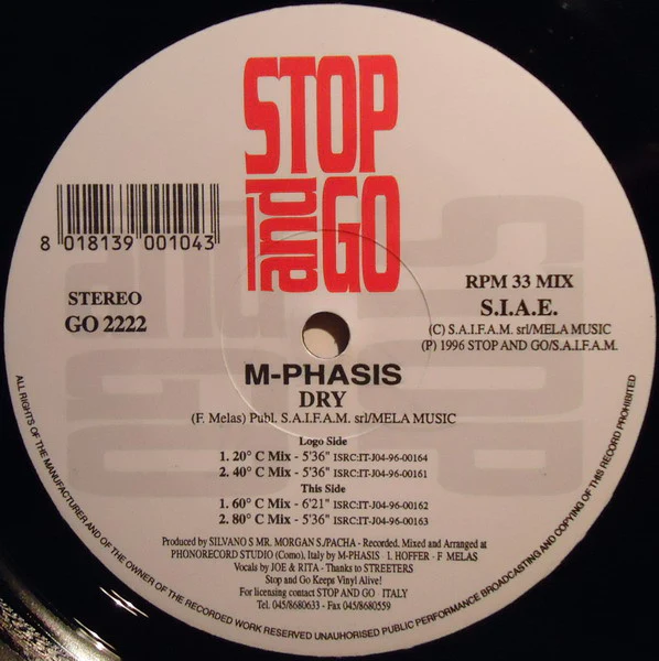M-PHASIS, Dry (Stop And Go; GO 2222, Italy 1996) 12" VG+/VG+