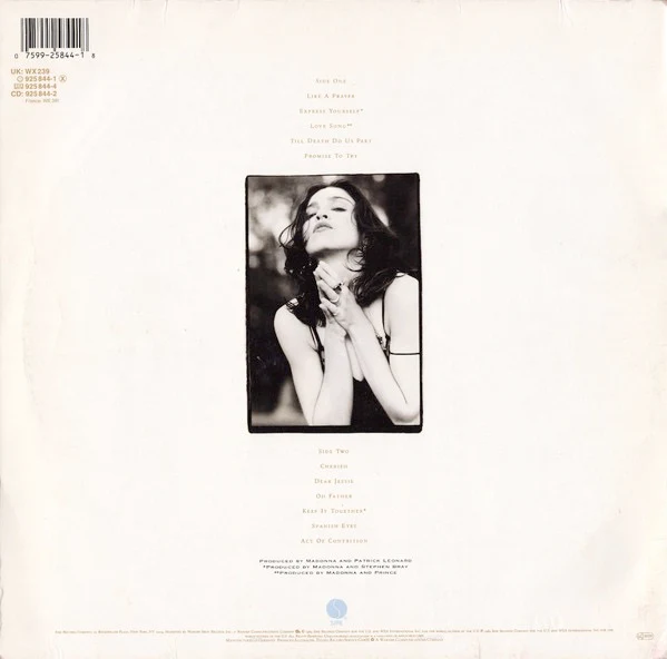 MADONNA, Like A Prayer (Sire - Johnny Yuma Credit On Labels; 925 844-1, Europe 1989, Inner, No AIDS Insert, RSA Pressing) LP VG+/VG+ - Image 2