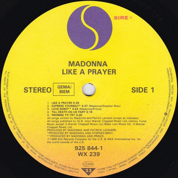 MADONNA, Like A Prayer (Sire - Johnny Yuma Credit On Labels; 925 844-1, Europe 1989, Inner, No AIDS Insert, RSA Pressing) LP VG+/VG+ - Image 3