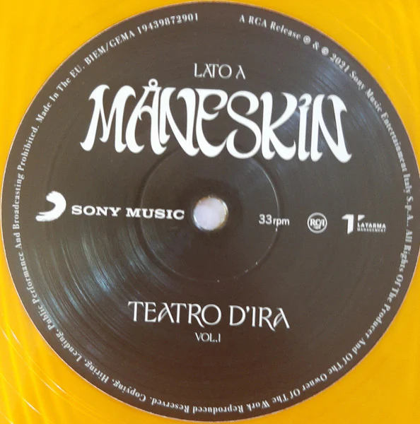 MANESKIN, Teatro D'Ira - Vol.I (Sony Music; 19439872901, Europe 2021, Inner, Light Transparent Orange Vinyl) LP VG+/VG+ - Image 3