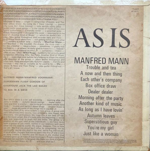 MANFRED MANN, As Is (Fontana; TL5377, UK 1966, Flipback Alcove Sleeve, Mono) LP VG+/VG - Image 2
