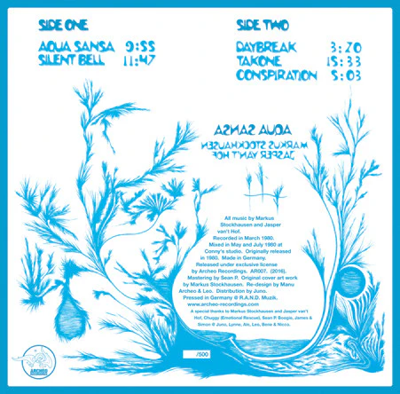 MARKUS STOCKHAUSEN, JASPER VAN'T HOF, Aqua Sansa (Archeo Recordings; AR007, Italy 2016, Textured Sleeve, Insert, Numbered, Limited to 100 Copies on White Vinyl) LP VG+/VG+ - Image 2