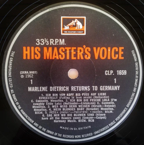 MARLENE DIETRICH, Returns To Germany (HMV; CLP1659, UK 1962, Laminated Flipback Sleeve) LP VG/VG - Image 3