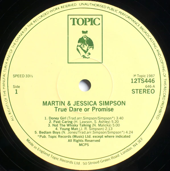 MARTIN & JESSICA SIMPSON*, True Dare Or Promise (Topic Records; 12TS446, UK 1987) LP VG/VG+ - Image 3