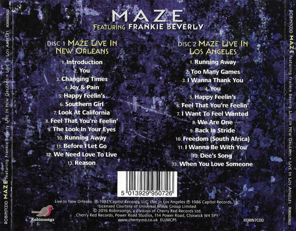 MAZE FEATURING FRANKIE BEVERLY, Live in New Orleans / Live in Los Angeles (Robinsongs ; ROBIN7CDD, Europe 2016) CD EX/EX - Image 2
