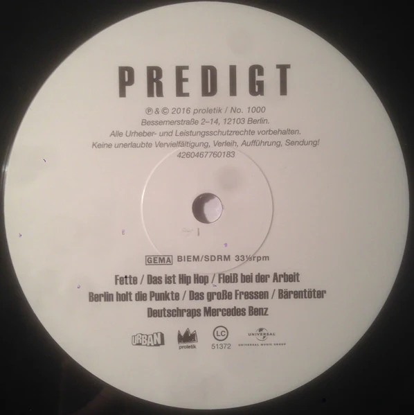MC BOMBER, Predigt (Proletik; No. 1000, Germany 2016, 180 Gram Vinyl), SALE - Up to 50% Off the Original Price  LP VG+/VG+ - Image 3